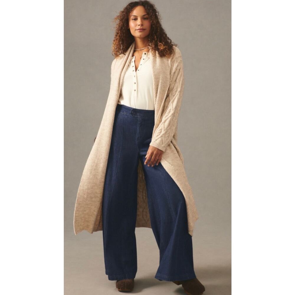 Anthropologie Cream Cable Knit duster / cardigan / open front boho sweater sz S